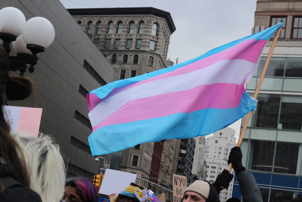 Transgender flag flies in Union Square this weekend for the "Rise Up For Trans Youth" rally. the flag is blue, pink and white.